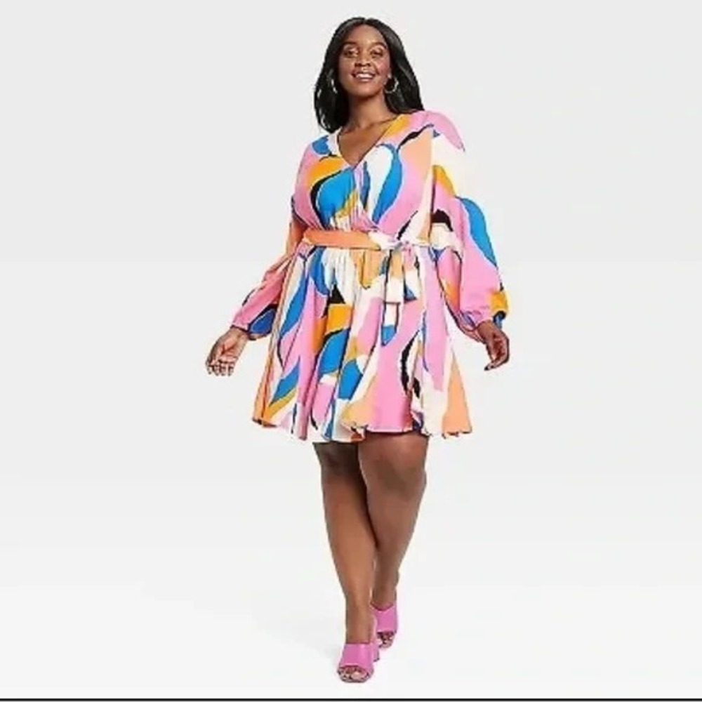 Ava & Viv Rainbow Abstract Long Sleeve Plunge Neck Flare Resort Party Woman 1X